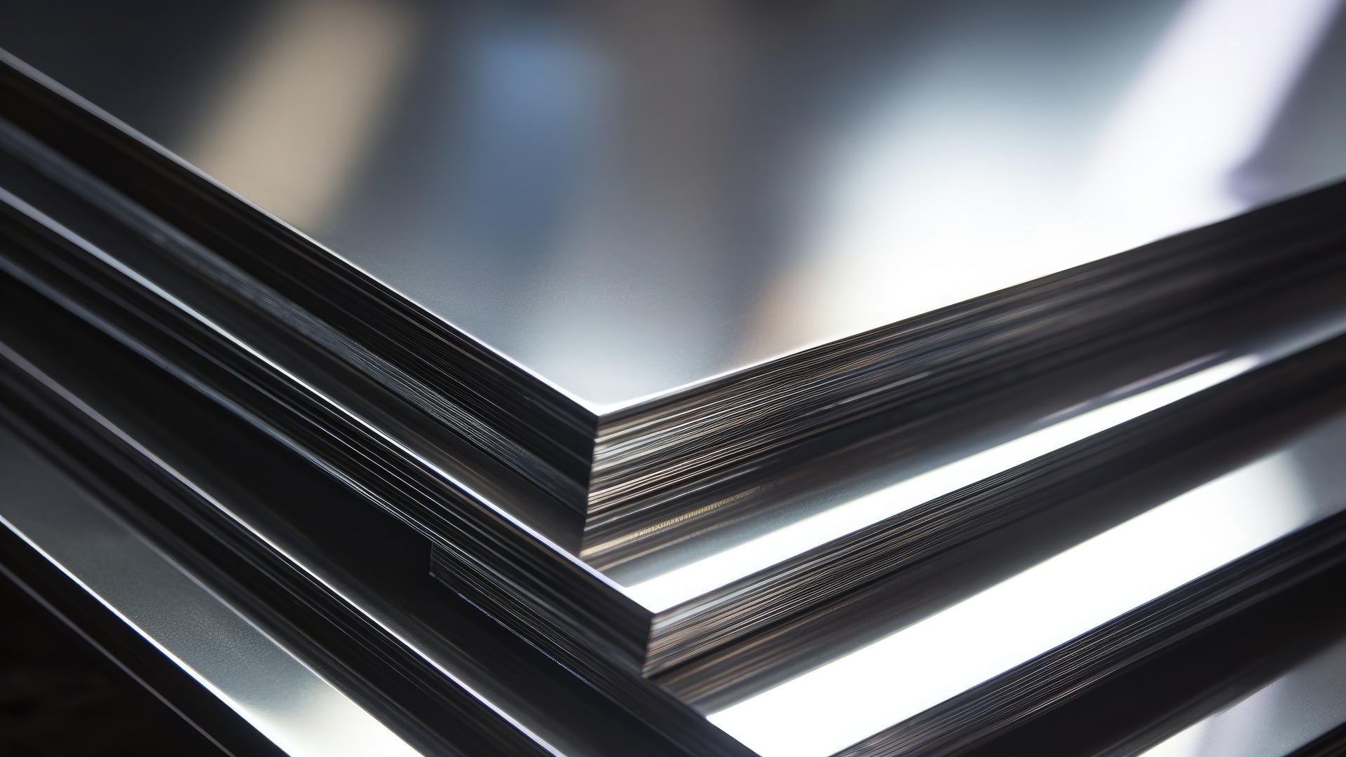 Close-up of stacked shiny metal sheets reflecting light.