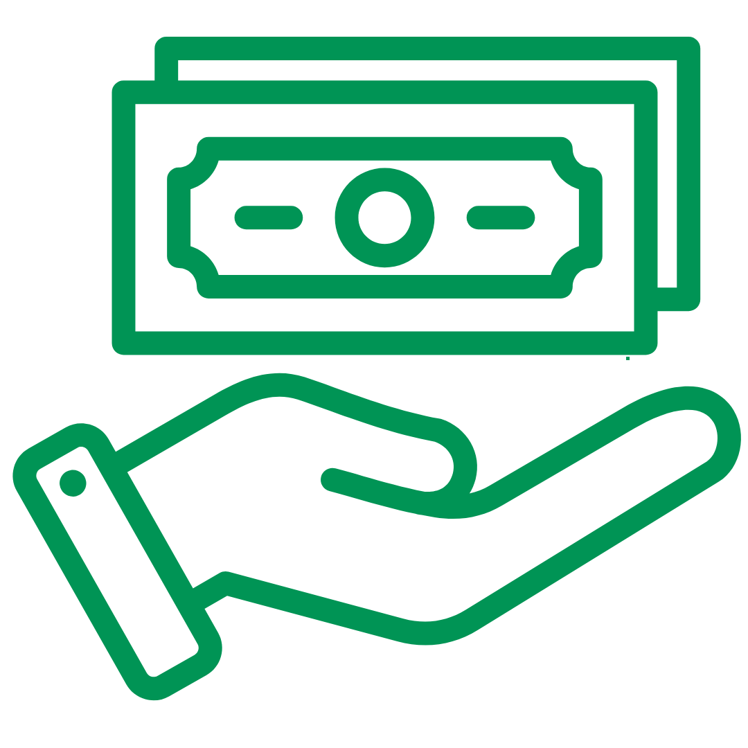 Green outline of a hand holding paper money bills on a transparent background.