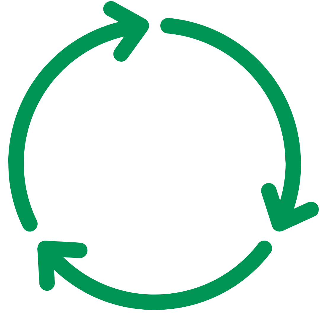 Green circular arrow symbol with three arrows forming a clockwise loop on a transparent background.