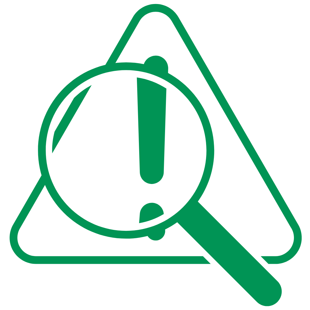 Green magnifying glass highlighting an exclamation mark inside a triangular warning symbol on a transparent background.