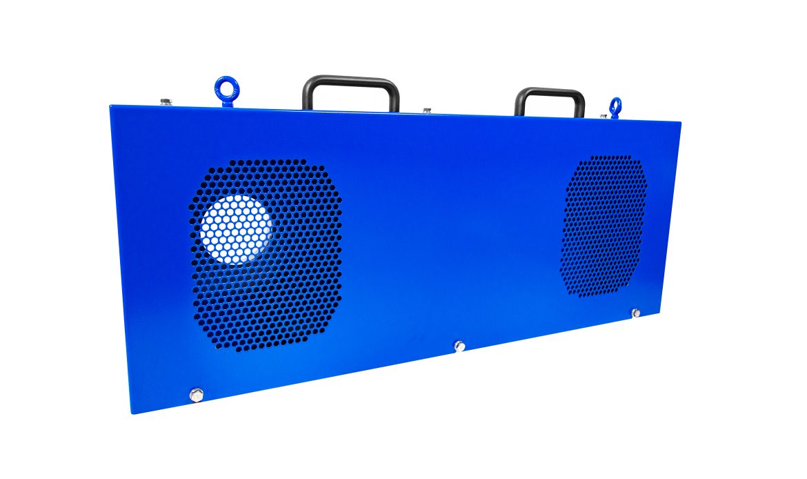 mining fabrication Blue metal industrial enclosure with ventilation grilles and carrying handles on top, isolated on a white background.