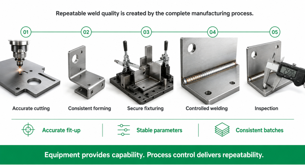 Five-stage manufacturing process showing how accurate cutting, forming, fixturing, controlled MIG welding and inspection support repeatable weld quality.