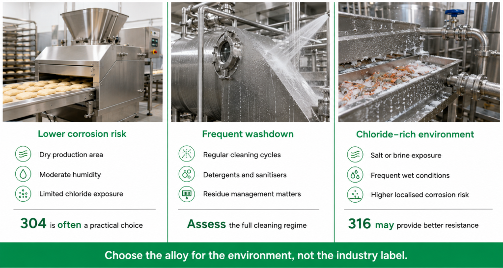 Food-processing environments showing when 304 stainless steel may be suitable and when chloride exposure may favour 316 stainless steel.