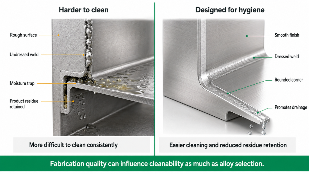Comparison of difficult-to-clean stainless steel fabrication and hygienic design with a smooth finish, dressed weld, rounded corner and effective drainage.