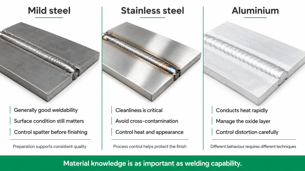 Comparison of MIG welding considerations for mild steel, stainless steel and aluminium, including cleanliness, heat control and distortion.
