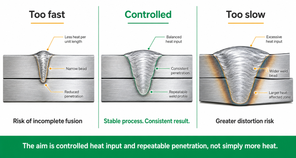 MIG weld cross-sections showing how fast, controlled and slow travel speeds affect penetration, heat input, weld width and distortion.