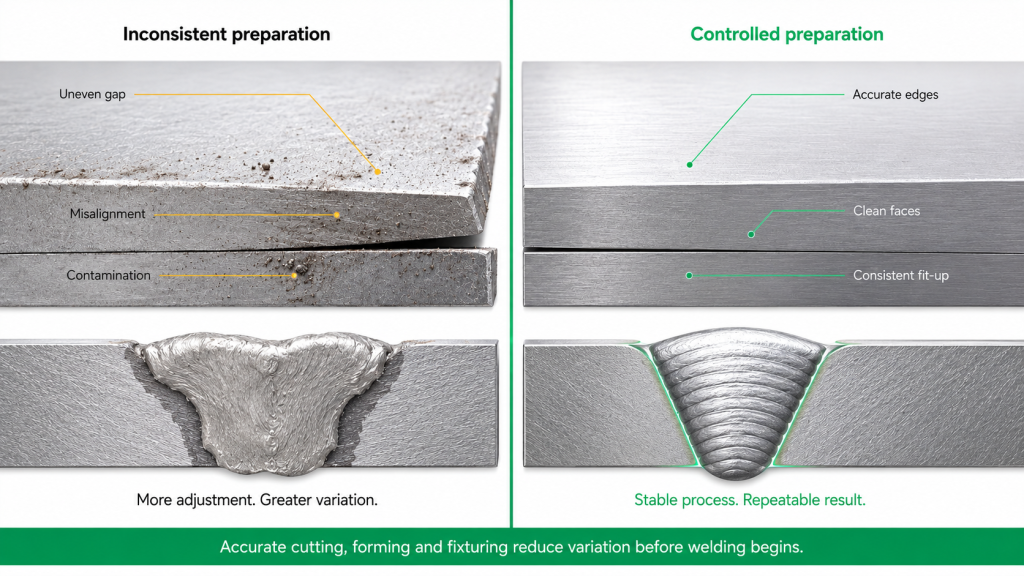 MIG weld cross-sections comparing inconsistent joint preparation with controlled preparation and a repeatable weld profile.