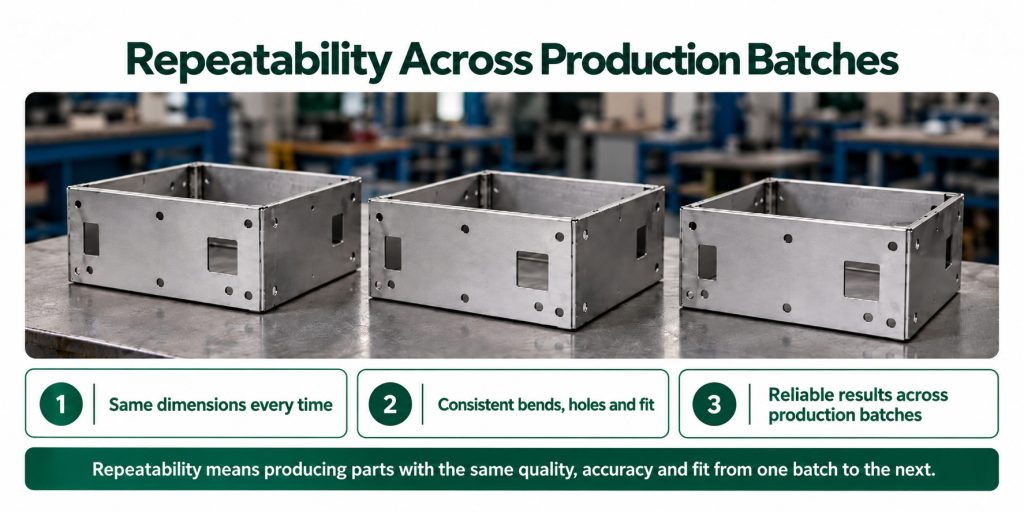 Three identical sheet metal enclosures displayed side by side, demonstrating consistent dimensions, bends and accuracy across production batches.
