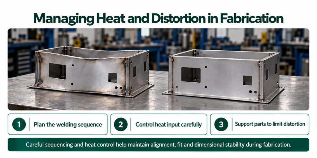 Comparison of two welded sheet metal enclosures showing heat distortion in one component and improved alignment through controlled welding in the other.