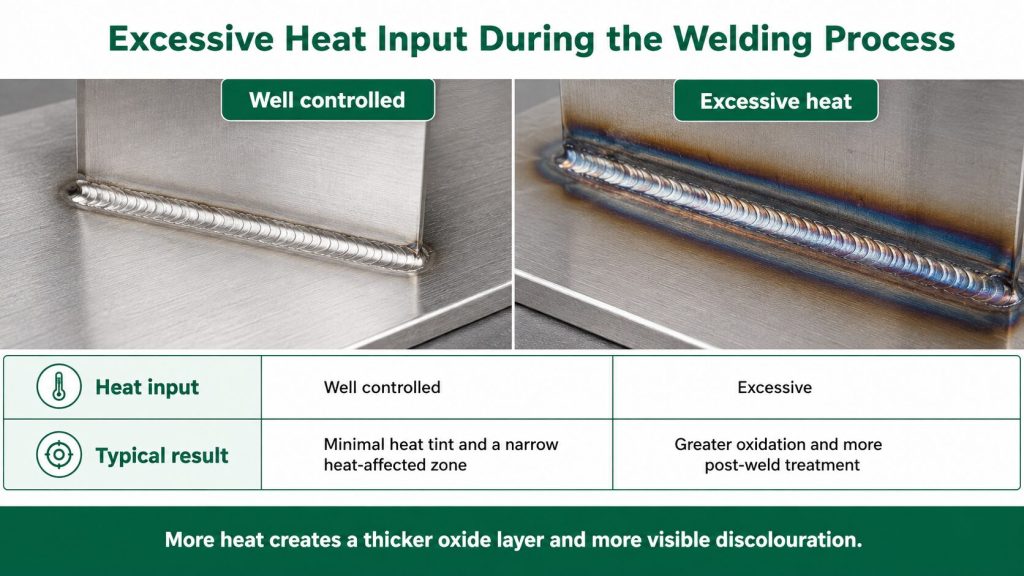 Comparison of controlled and excessive heat input during stainless steel welding.