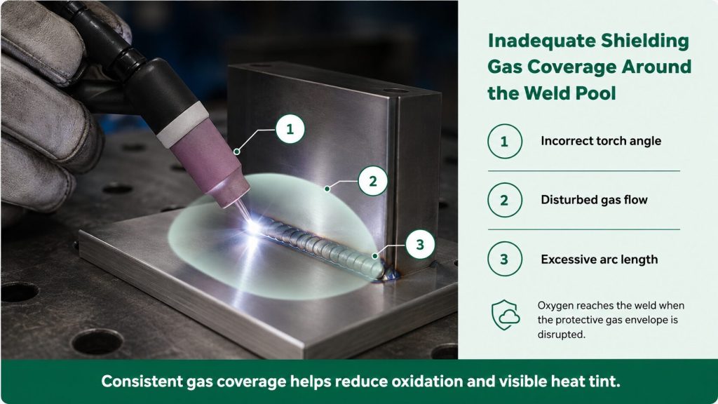 Infographic showing how inadequate shielding gas coverage causes oxidation around a stainless steel weld pool.