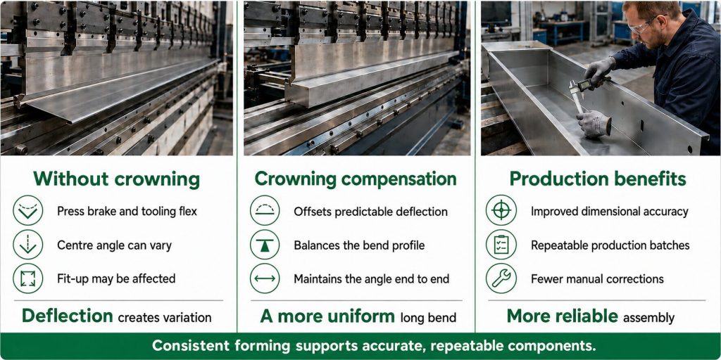 Press brake crowning infographic comparing deflection without crowning, crowning compensation and the benefits for accurate, repeatable components.