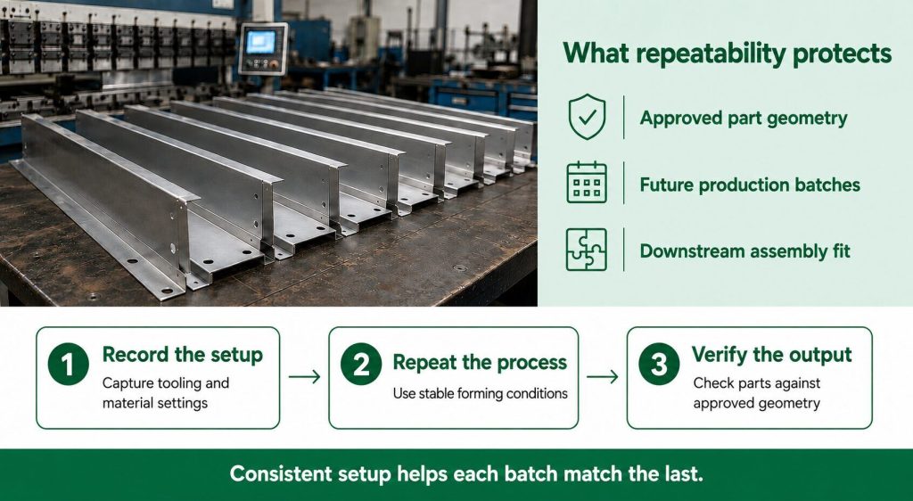 Press brake repeatability process showing consistent setups, production batches and checks against approved component geometry.