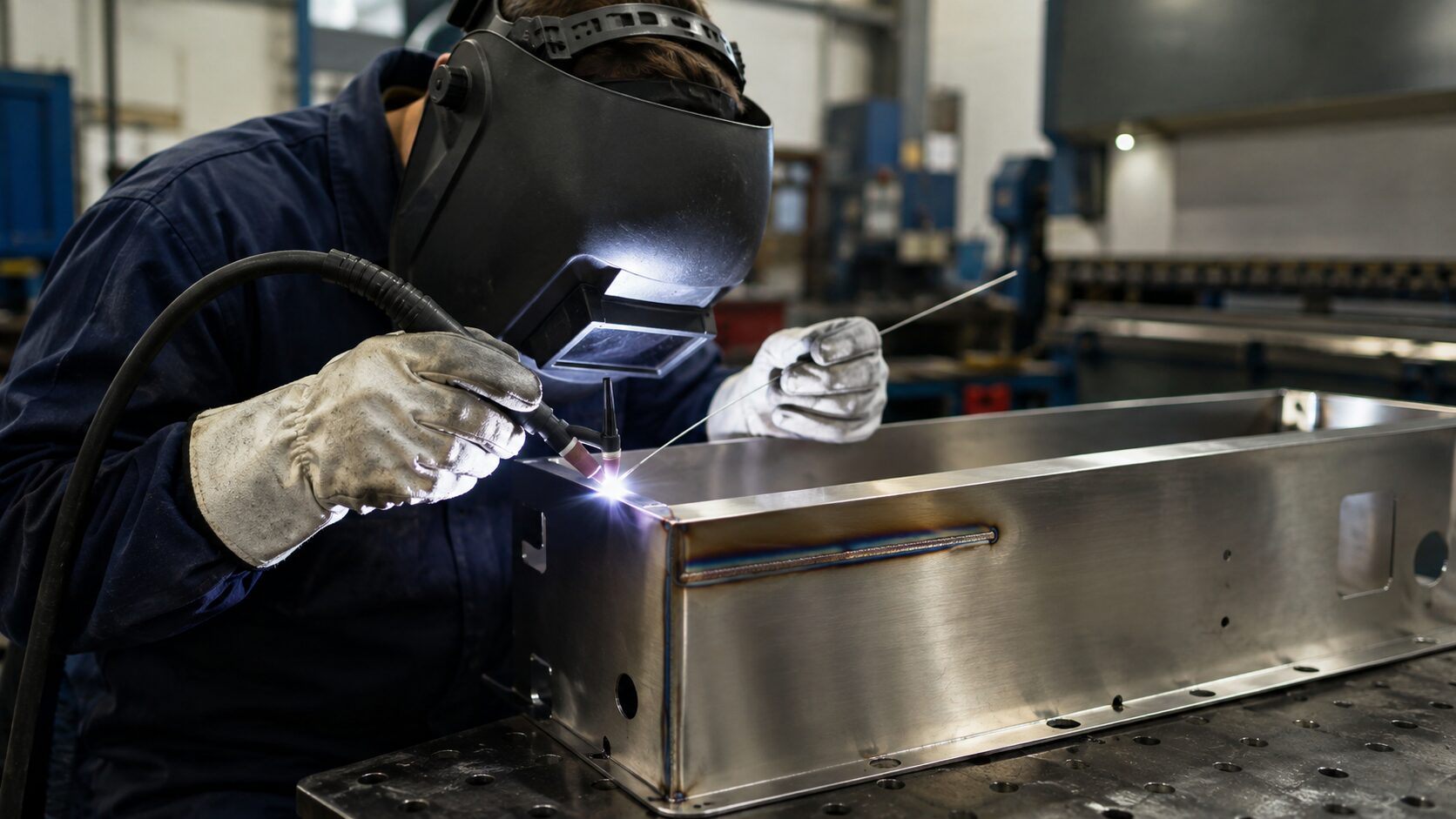 Welder carrying out TIG welding on a stainless steel component with visible heat discolouration.