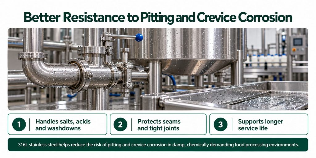 Infographic highlighting corrosion resistance in welded 316L stainless steel assemblies, featuring welded joints, pipework and fabricated food processing equipment.