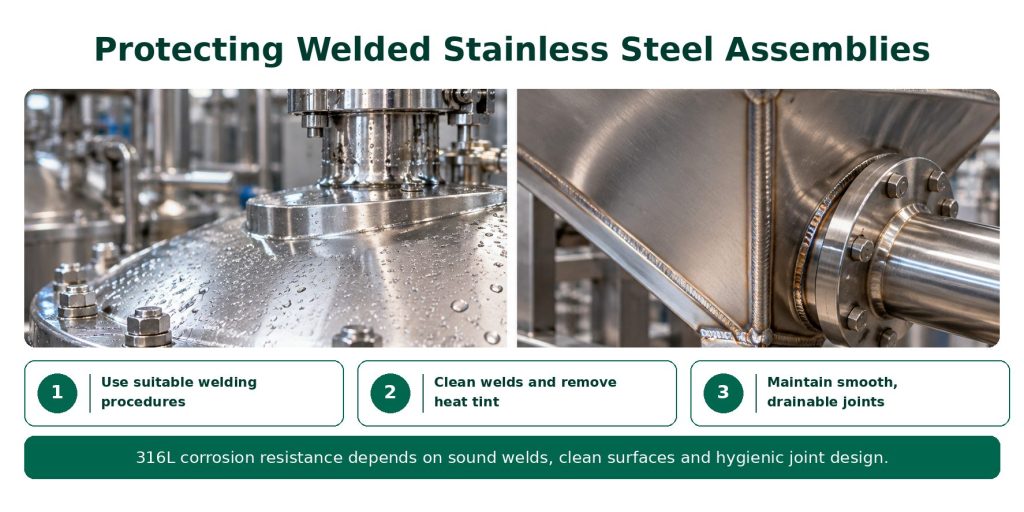 Stainless steel food processing equipment washing fresh leafy vegetables with water sprays on a production line in an industrial facility.