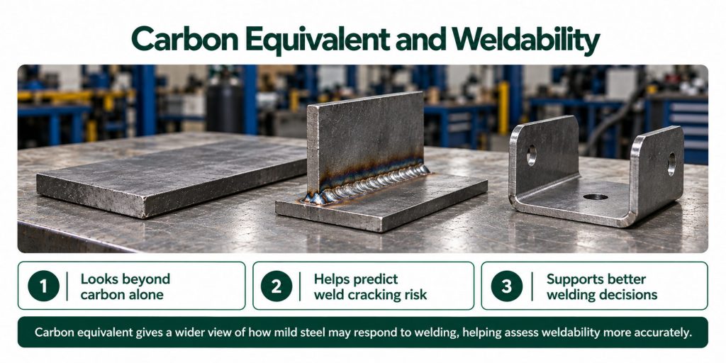 Stacked mild steel sheets and fabricated metal components in an industrial workshop, with an engineer operating a press brake in the background.