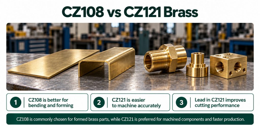 Brass sheets, bent sections and precision-machined components with metal shavings, illustrating machinability and material removal in CZ108 and CZ121 brass.