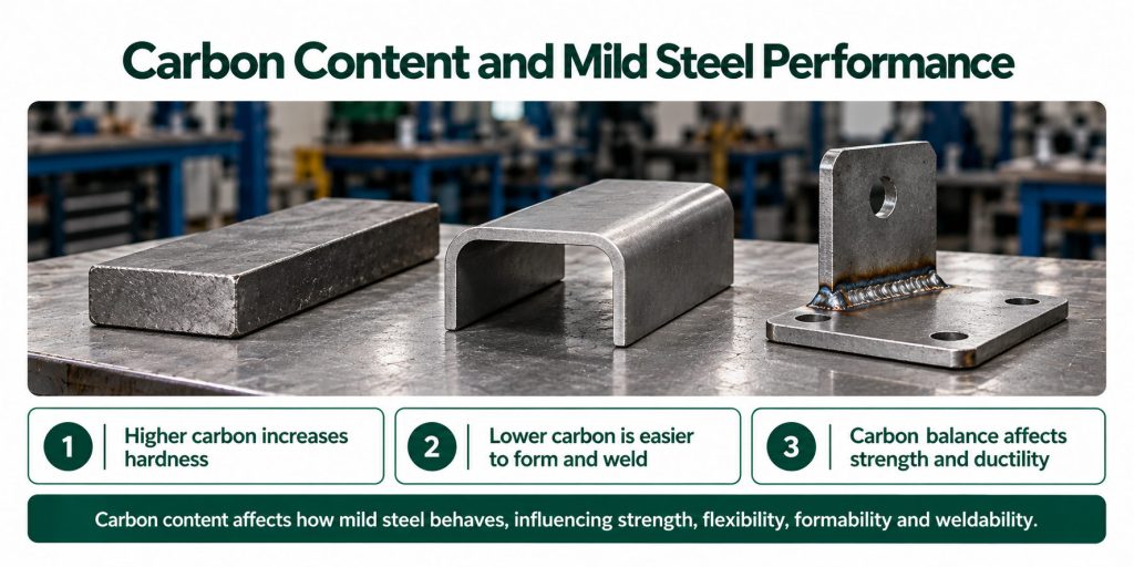 Infographic explaining how carbon equivalent affects mild steel weldability and cracking risk, featuring steel plates, a welded joint and a formed bracket.