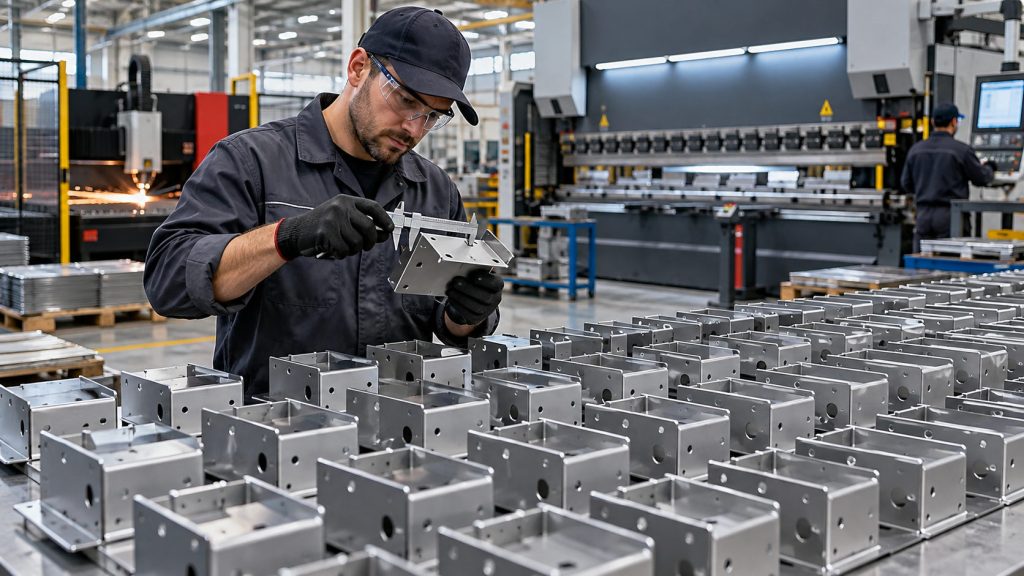 Sheet metal fabricator checking a metal component with a measuring tool beside rows of identical parts in a manufacturing workshop.
